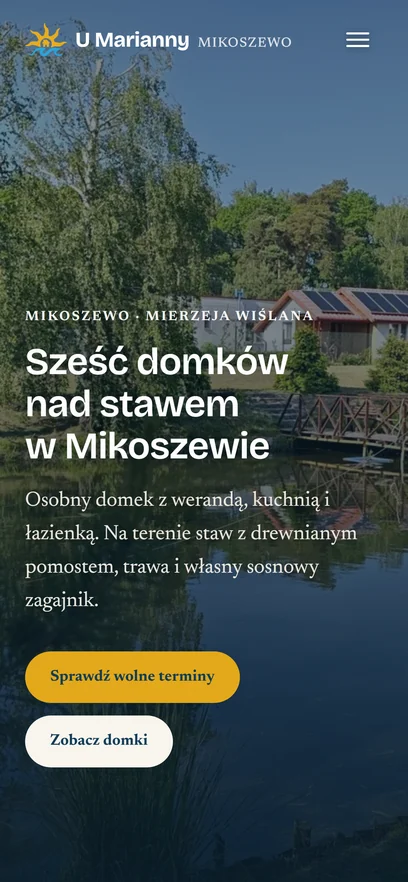U Marianny Mikoszewo — strona agroturystyki z sześcioma domkami i kalendarzem terminów, widok na telefonie
